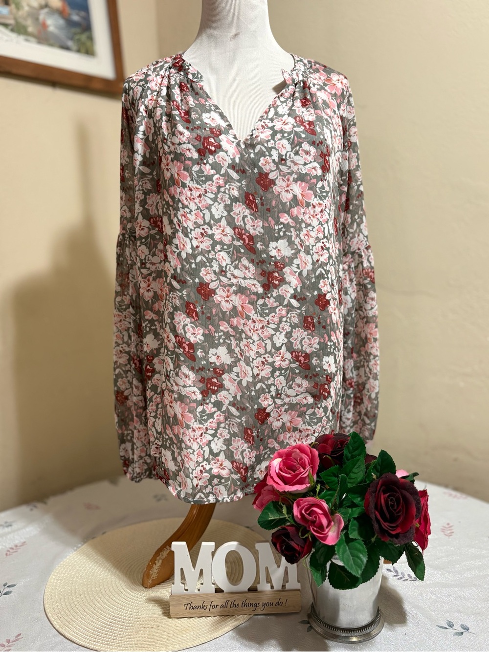 Women's Floral V-Neck Blouse in Gray and Pink